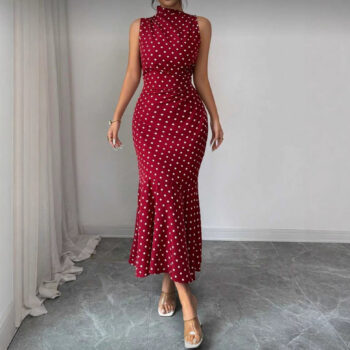 Women's Elegant Off-Shoulder Polka Dot Maxi Dress – Sleeveless Slim Fit Party & Evening Dress