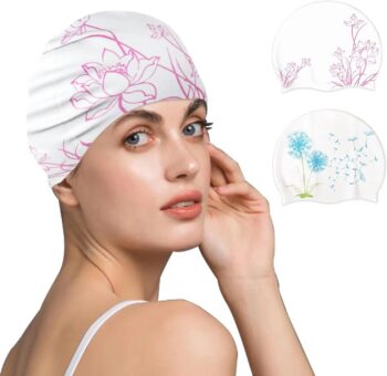 2pcs Adult Swim Caps for Women, Silicone Waterproof Swimming Caps - Fits Long/Short Hair, Anti-Slip Large Swim Cap Men Comfy Bathing Caps for Women Swimming